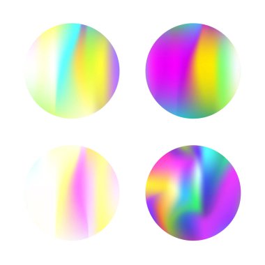 Gradyan örgü soyut arkaplan seti. Gradyan örgülü holografik arkaplan. 90 'lar, 80' ler modası. Pankart, uçucu, kapak, mobil arayüz, web uygulaması için yanardöner grafik şablonu.