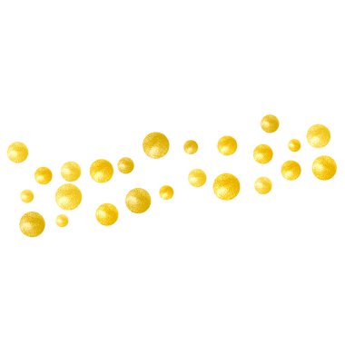 Arkaplanda noktalar olan altın parıltısı konfetileri. Parlak parıltılı pullarla rastgele düşen pullar. Parti davetiyesi, afiş, afiş, doğum günü kartı için altın parıltılı konfeti şablonu..