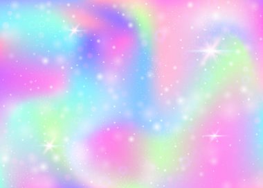 Gökkuşağı örgülü sihirli bir arka plan. Kawaii evren sancağının prenses renkleri. Hologramla fantezi gradyanı. Peri parıltıları, yıldızlar ve bulanıklıklarla holografik büyü arka planı.