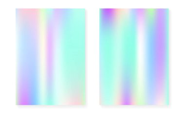 Hologram gradyan arkaplan seti. 90 'lar, 80' ler modası. Tahta, sunum, afiş ve broşür için yanardöner grafik şablonu. Parlak minimal holografik kapak.