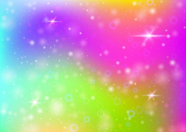 Gökkuşağı örgülü holografik arkaplan. Prenses renginde sevimli evren afişi. Hologramla fantezi gradyanı. Peri parıltıları, yıldızlar ve bulanıklıklarla holografik büyü arka planı.