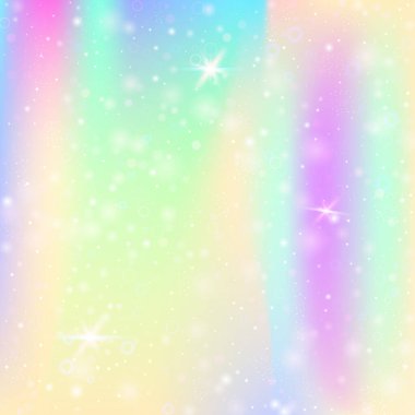 Gökkuşağı örgülü peri arkaplanı. Kawaii evren sancağının prenses renkleri. Hologramla fantezi gradyanı. Sihirli parıltıları, yıldızları ve bulanıklıkları olan holografik peri arkaplanı.