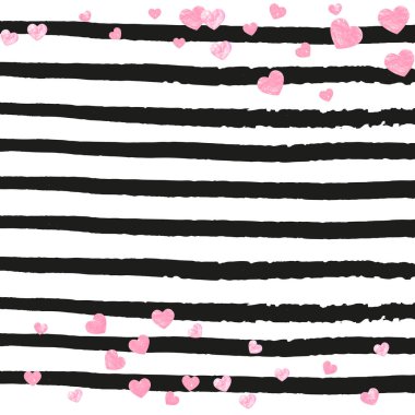 Siyah çizgili pembe pırıltılı kalpler konfetisi. Metalik pırıltılarla rastgele düşen pullar. Parti daveti, düğün öncesi parti daveti ve davetiyeyi kaydet..