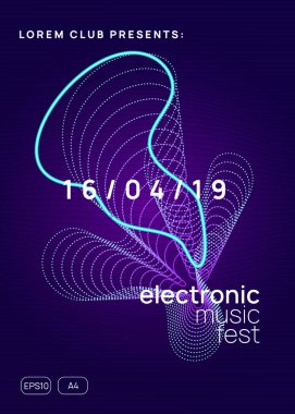 Müzik festivali. Gelecekçi diskotek davetiyesi konsepti. Dinamik gradyan şekil ve çizgi. Müzik festivali neon broşürü. Elektro dans. Elektronik trans sesi. Tekno DJ partisi. Kulüp afişi.