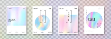 Minimalist poster seti. Soyut arka planlar. Gradyan örgülü gelecekçi minimalist poster. 90 'lar, 80' ler modası. Broşür, pankart, duvar kağıdı, mobil ekran için Pearlescent grafik şablonu