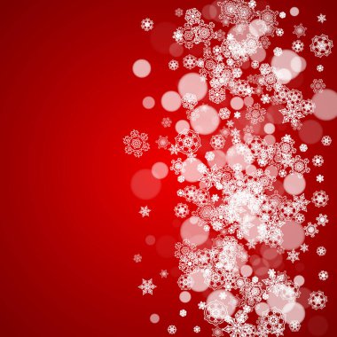 Kırmızı arka planda Noel kar taneleri. Mevsimlik kış afişleri için çerçeve, hediye kuponları, kuponlar, reklamlar, parti etkinlikleri. Noel Baba renkleri ve Noel kar taneleri. Tatil kutlaması için kar yağıyor.