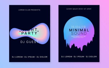 Müzik festivali seti. Elektronik ses. Gece dansı yaşam tarzı tatili. Akışkan holografik gradyan şekil ve çizgi. Fütürist trans konser sunum düzeni. Yaz posteri ve müzik festivali broşürü.