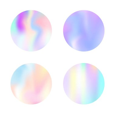 Gradyan yuvarlak set ve holografik ağ. Moda soyut gradyan arka planlar. 90 'lar, 80' ler modası. Pankart, uçucu, kapak, mobil arayüz, web uygulaması için yanardöner grafik şablonu.