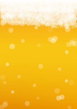 Gerçekçi baloncuklu bira arka planı. Bar ve bar tasarımı için serin sıvı içecek, afişler ve afişler. Beyaz köpüklü sarı dikey bira arka planı. Soğuk bira ya da bira..