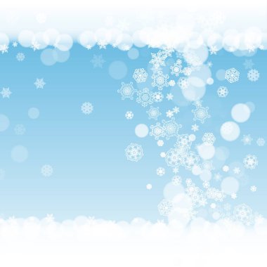 Noel ve yeni yıl kutlamaları için beyaz kar taneleri olan kış çerçevesi. Mavi arka planda tatil çerçevesi afişler, hediye kuponları, kuponlar, reklamlar, parti etkinlikleri için. Buz gibi kar yağıyor..
