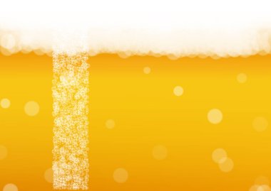 Gerçekçi baloncuklu bira arka planı. Bar ve bar tasarımı için serin sıvı içecek, afişler ve afişler. Beyaz köpüklü sarı yatay bira arka planı. Soğuk bira ya da bira..