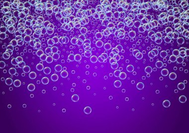 Köpük temizleme. Sabun köpüğü. Banyo için deterjan köpükleri. Şampuan. Çok renkli sprey ve sıçrama. Gerçekçi su çerçevesi ve sınır. 3d vektör illüstrasyon düzeni. Mor renkli sıvı temizlik köpüğü..