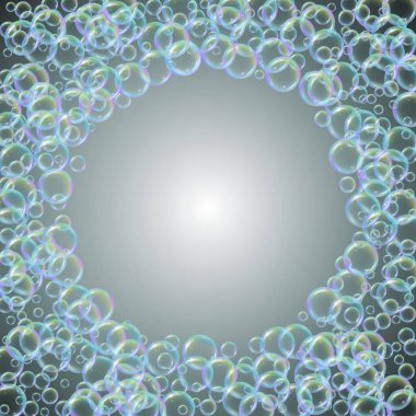 Banyo köpüğü eğimli arka planda. Gerçekçi su kabarcıkları 3 boyutlu. Şampuan köpüklü soğuk gökkuşağı renkli sıvı. Kozmetik broşür ve davetiye. Banyo köpüğü ve duş için. Vektör EPS10.