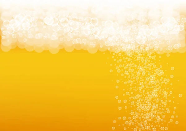 現実的な泡とビール泡の背景 パブやバーのメニューのデザイン バナーやチラシのためのクールな液体ドリンク 黄色の水平ビール泡の背景 醸造所の設計のためのエールの冷たいガラス — ストックベクタ
