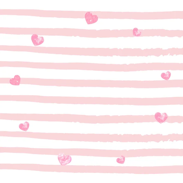 Рожеві Блискітки Серця Конфетті Білих Смужках Падаючі Блискітки Металевим Мерехтінням — стоковий вектор