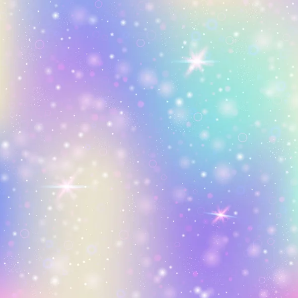 虹のメッシュと妖精の背景 プリンセスカラーの多色宇宙バナー ホログラムでファンタジーグラデーションの背景 魔法の輝きとホログラフィック妖精の背景 星とぼかし — ストックベクタ
