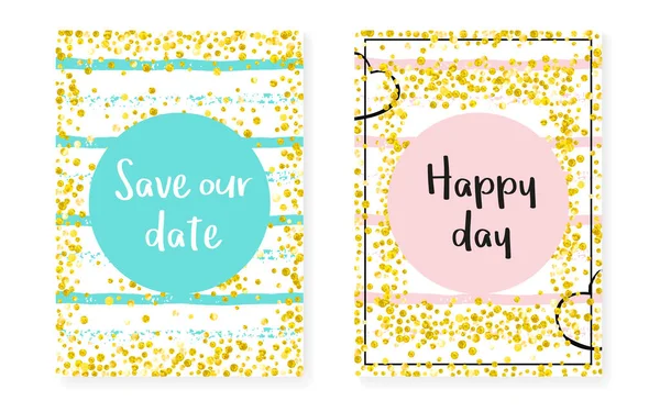 Gold Glitter Dots Sequins Wedding Bridal Shower Invitation Cards Set — Stock Vector