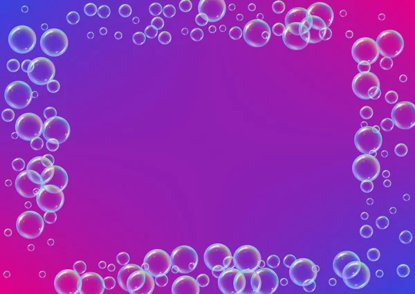 在梯度背景上清洗泡沫 现实的水泡3D 凉爽的彩虹色液体泡沫与洗发水泡沫 横向化妆品传单及邀请函 洗浴和淋浴用肥皂泡沫 — 图库矢量图片