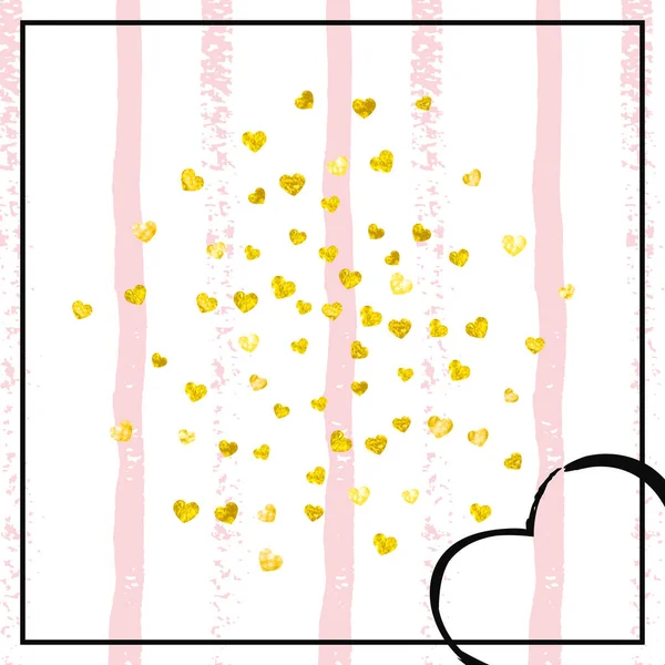 Goldener Glitzerherzen Konfetti Auf Rosa Streifen Fallende Pailletten Mit Glänzendem — Stockvektor