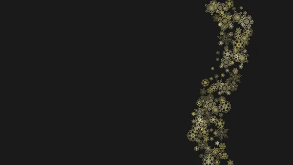 黒の背景に金の雪のフレーム 新年のテーマ 休日のバナー カード 特別オファーのための水平光沢のあるクリスマスフレーム パーティーのための金の雪のフレークと輝きで雪が降ることは招待する — ストックベクタ