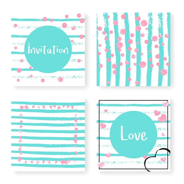 Wedding Invite Set Glitter Confetti Stripes Pink Hearts Dots Mint — Stock Vector