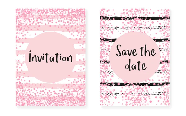 Wedding Card Invitation Dots Sequins Bridal Shower Set Pink Glitter — Stock Vector
