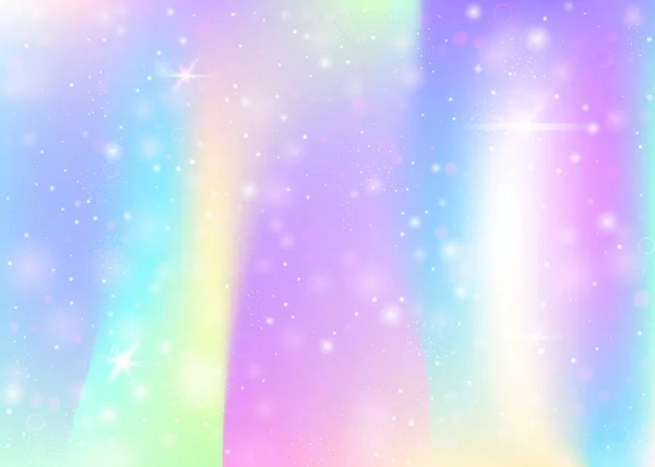 虹色のメッシュでホログラムの背景 プリンセスカラーのかわいい宇宙バナー 幻想的なグラデーションの背景 妖精の輝きとホログラム魔法の背景 星とぼかし — ストックベクタ