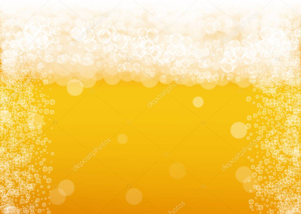 Beer background with realistic bubbles.  Cool beverage for restaurant menu design, banners and flyers.  Yellow horizontal beer background with white foam. Fresh cup of lager for brewery design.