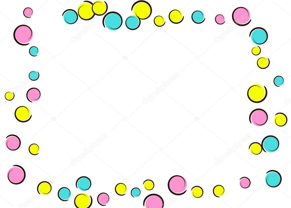 Comic background with pop art polka dot confetti. Big colored spots, spirals and circles on white. Vector illustration. Trendy kids splatter for birthday party. Rainbow comic background.