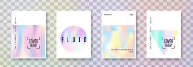 Holografik poster seti. Soyut arka planlar. Gradyan örgülü sıvı holografik poster. 90 'lar, 80' ler modası. Pankart, sunum, pankart, broşür için yanardöner grafik şablonu.