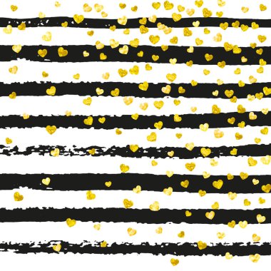 Siyah çizgili bir kalple gösterişli düğün konfetisi. Işıl ışıl parlayan, rastgele düşen pullar. Parti daveti, düğün öncesi parti daveti ve davetiye için altın parıltılı tasarım.