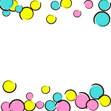 Çizgi roman konfetiyle polka nokta çerçevesi. Büyük renkli noktalar, spiraller ve beyaz daireler. Vektör çizimi. Doğum günü partisi için çocukça bir sıçrama. Gökkuşağı benekli çerçeve.