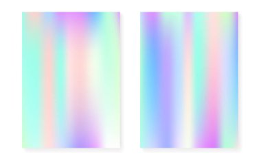 Holografik gradyan ile Pearlescent arkaplan. Hologram örtüsü hazır. 90 'lar, 80' ler modası. Broşür, poster, afiş, mobil uygulama için grafik şablonu. Gökkuşağı inci arkaplan seti.