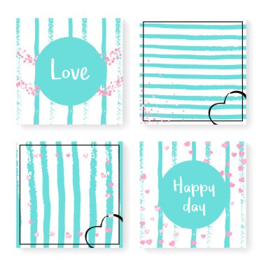 Çizgili düğün simleri konfetisi. Davetiye ayarlandı. Nane ve beyaz arka planda pembe kalpler ve noktalar. Parti, etkinlik, gelin partisi için düğün simli tasarım, tarih kartını kaydet.