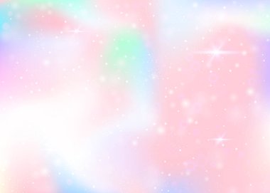 Gökkuşağı örgülü hologram arkaplanı. Prenses renginde kız evren pankartı. Fantezi gradyan arkaplanı. Peri ışıltıları, yıldızlar ve bulanıklıklar içeren tek boynuzlu at arkaplanı..