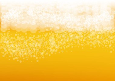 Bira festivali arka planı ve gerçekçi baloncuklar. Restoran menüsü tasarımı, afişler ve afişler için güzel bir içecek. Sarı yatay bira festivali arka planı köpüklü. Bira fabrikası tasarımı için soğuk bir bardak bira..