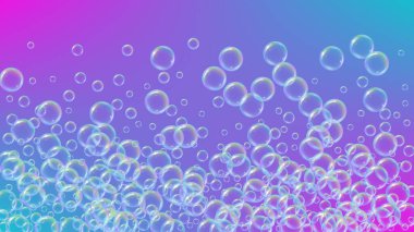 Banyo köpüğü eğimli arka planda. Gerçekçi su kabarcıkları 3 boyutlu. Şampuan köpüklü serin gökkuşağı renkli sıvı köpük. Kozmetik broşür ve davetiye. Banyo köpüğü ve duş için. Vektör EPS10.
