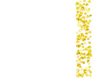 Yonca ile Aziz Patrick Günü geçmişi. Şanslı folyo konfetisi. Yonca yapraklarından parlak bir çerçeve. Parti davetiyesi, perakende satış teklifi ve ilan için şablon. İrlanda Aziz Patrick Günü arkaplanı