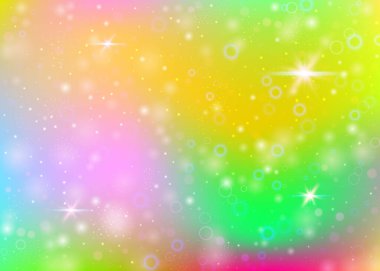 Gökkuşağı örgülü tek boynuzlu at arka planı. Prenses renklerinde sıvı evren afişi. Hologramla fantezi gradyanı. Sihirli parıltıları, yıldızları ve bulanıklığı olan holografik tek boynuzlu at arka planı.