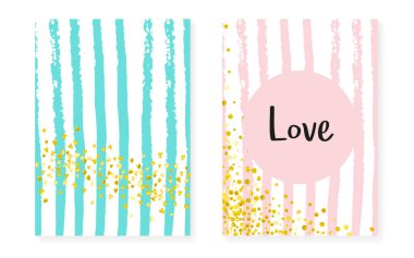 Noktalı ve pullu altın renkli kartlar. Düğün ve düğün davetiyesi konfeti ile ayarlandı. Dikey çizgili arka plan. Parti, etkinlik için altın parıltılı kartlar, tarih ilanlarını kaydet.