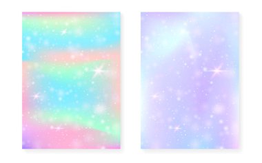 Unicorn background with kawaii magic gradient. Princess rainbow hologram. Holographic fairy set. Trendy fantasy cover. Unicorn background with sparkles and stars for cute girl party invitation. clipart