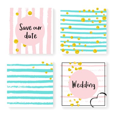 Parlak konfeti ve çizgili düğün davetiyesi. Pembe ve nane arkaplanda altın kalpler ve noktalar. Düğün davetiyeli tasarım parti, etkinlik, düğün partisi, tarih kartı kaydet.