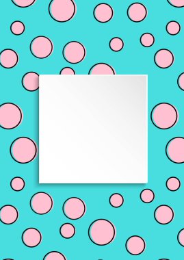 Pop sanatının renkli konfeti geçmişi. Siyah noktalar ve mürekkep çizgileriyle beyaz arka planda büyük renkli lekeler ve daireler. Pop sanat tarzında 3 boyutlu kağıt tabakla afiş. Broşür, satış ve reklam için moda tasarımı