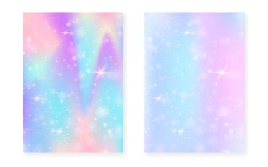 Rainbow background with kawaii princess gradient. Magic unicorn hologram. Holographic fairy set. Mystical fantasy cover. Rainbow background with sparkles and stars for cute girl party invitation. clipart