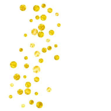 İzole edilmiş arka planda noktalı düğün simleri konfetisi. Metalik kıvılcımlı parlak pullar. Parti daveti, düğün öncesi parti daveti ve davetiye için altın parıltılı tasarım.