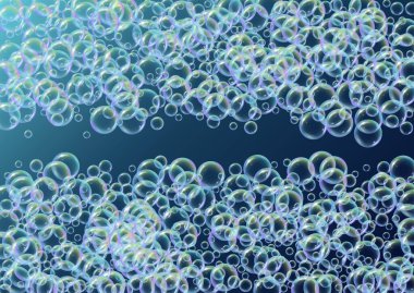 Arkaplanda sabun köpüğü var. Gerçekçi su kabarcıkları 3 boyutlu. Şampuan köpüklü serin gökkuşağı renkli sıvı köpük. Yatay kozmetik broşür ve davetiye. Banyo ve duş için sabun köpüğü. Vektör EPS10.