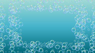 Köpük köpüğü. Küvet için deterjan köpüğü ve sabun. Şampuan. 3d vektör illüstrasyon pankartı. Canlı köpürme ve sıçrama. Gerçekçi su çerçevesi ve sınır. Mavi renkli sıvı köpükler.