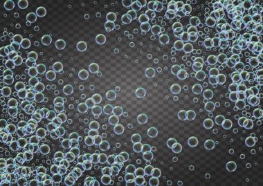 Sabun köpüğü. Deterjan köpüğü ve küvet için köpük. Şampuan. 3d vektör illüstrasyon broşürü. Çok az köpürme ve sıçrama. Gerçekçi su çerçevesi ve sınır. İzole edilmiş renkli sıvı sabun köpüğü.