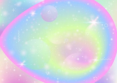 Kawaii gökkuşağı gradyanı olan prenses arkaplanı. Sihirli tek boynuzlu at hologramı. Holografik evren. Spektrum evren afişi şirin renklerde. Kız partisi için pırıltılı ve yıldızlı prenses arkaplanı.