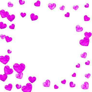 Sevgililer Günü için kalp sınırında pembe parıltılı. 14 Şubat günü. Kalp sınır şablonu için vektör konfetisi. Grunge el çizimi dokusu. Hediye kuponları, kuponlar, reklamlar, etkinlikler için aşk teması.